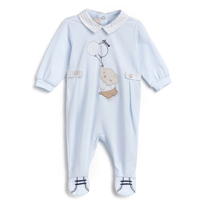 Boys Light Blue Applique Nappy Opening Babysuit image number 0